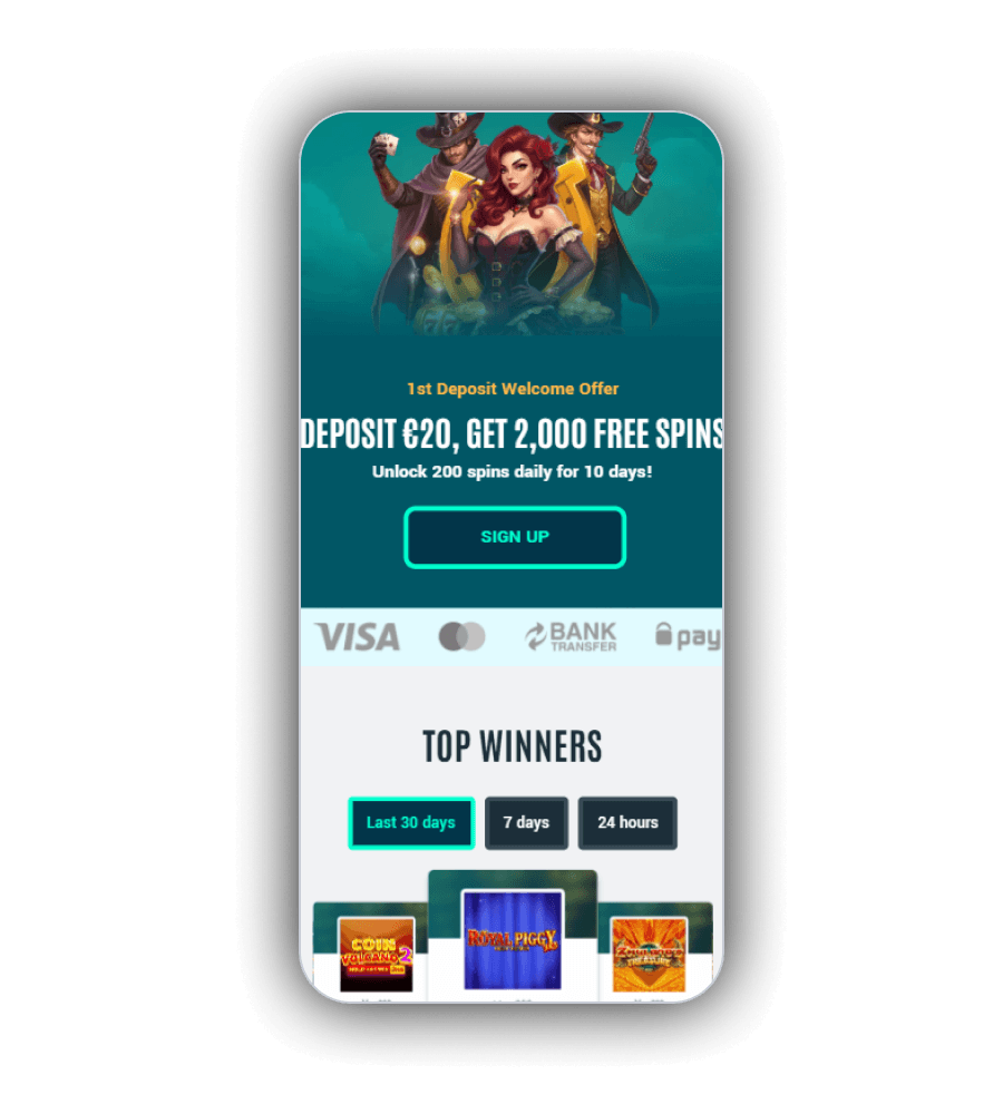 Howzit Casino lobby with welcome bonus banner and top winners strip
